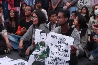 Protestors raised slogans in favour of Madvi Hidma