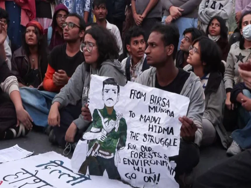 Protestors raised slogans in favour of Madvi Hidma